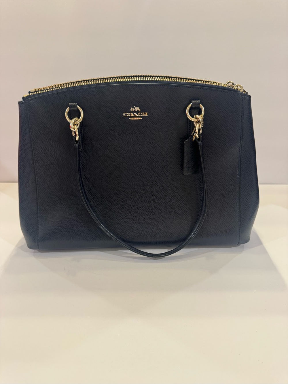Coach Navy Blue Leather Tote with Gold Hardware